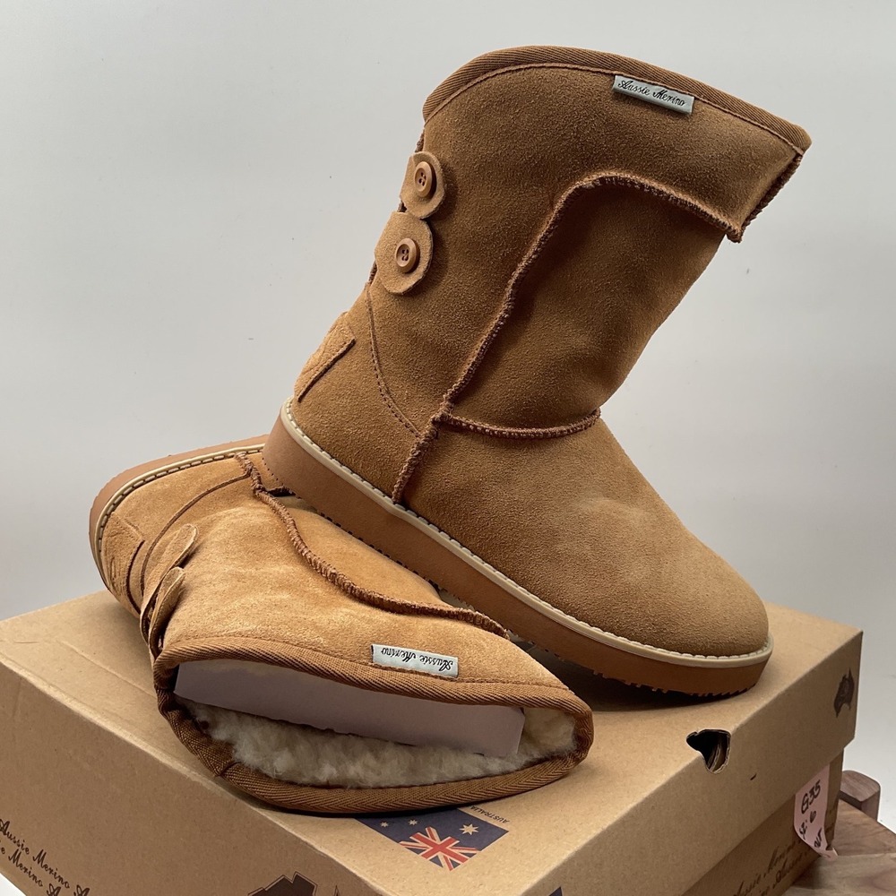 Aussie Merino Women Chestnut Brown Suede Shearling Button Back Boots Size 6 NEW